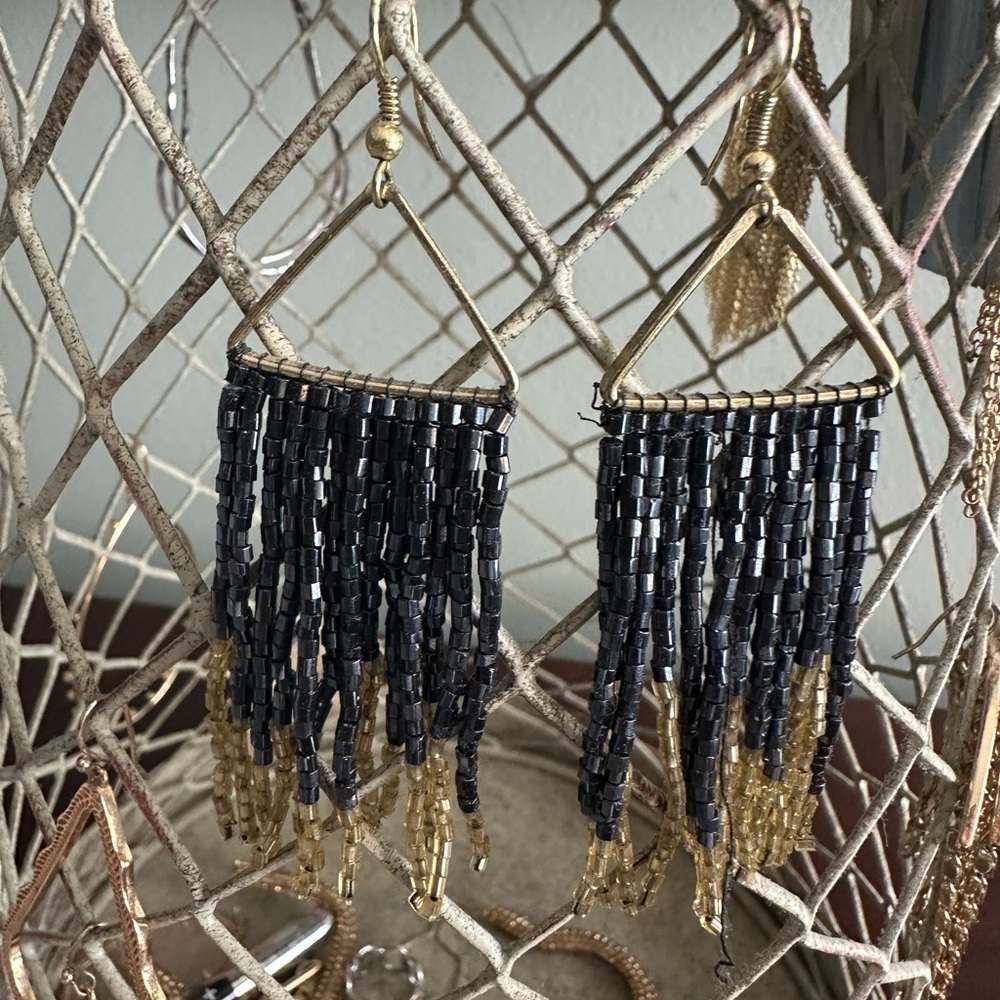 Elegant Ink and Alloy  Blue and Gold Beaded Earrings